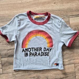 Aviator Nation Light Blue Tee with Pink Trim & Rainbow Graphic